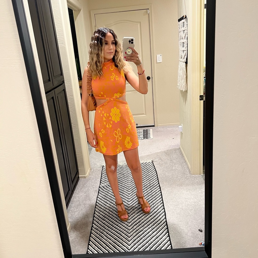 Floral Orange Cutout Dress